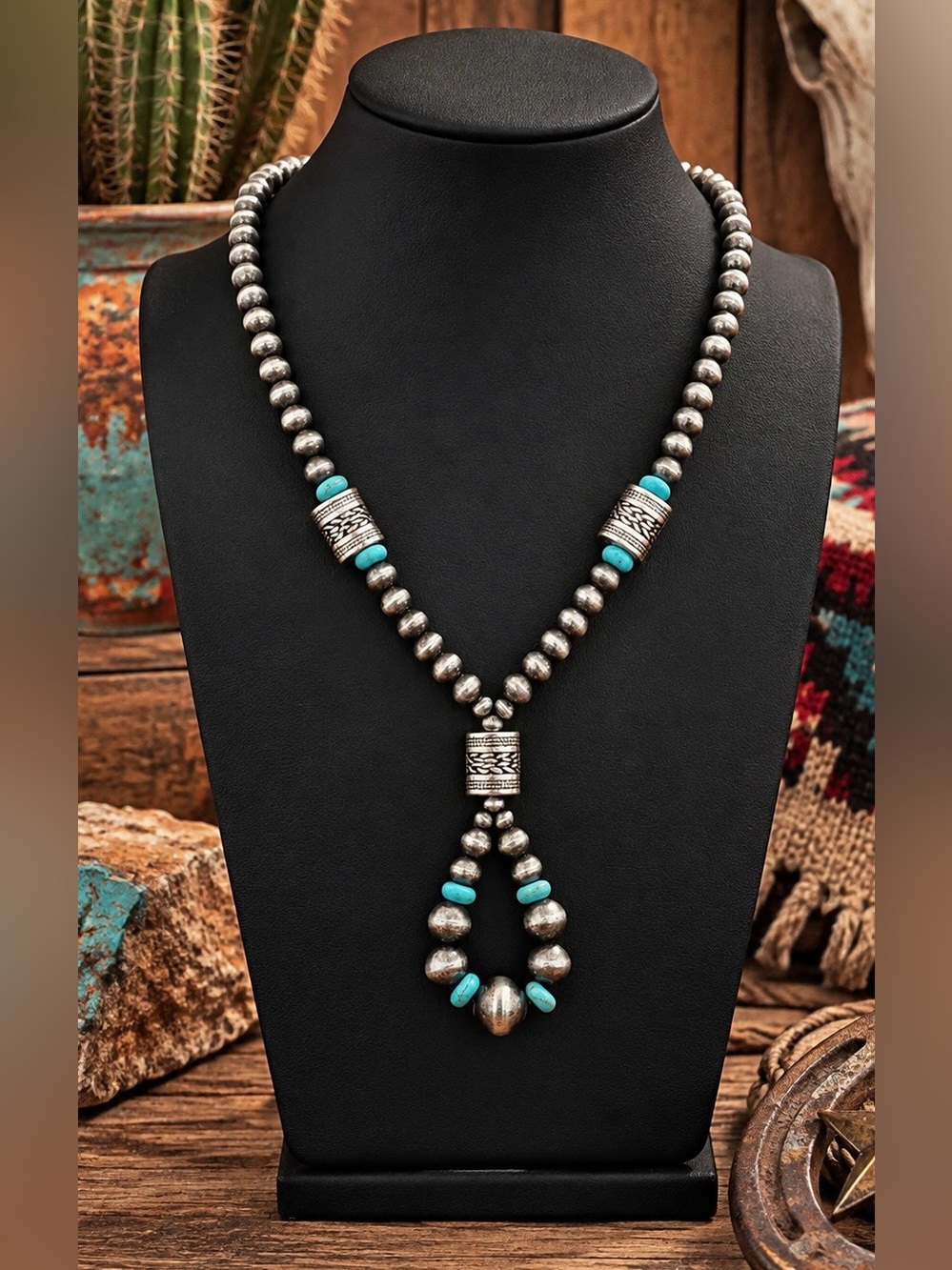 Southwest Western Faux Turquoise Navajo Pearl Inspired Drop Costume Necklace